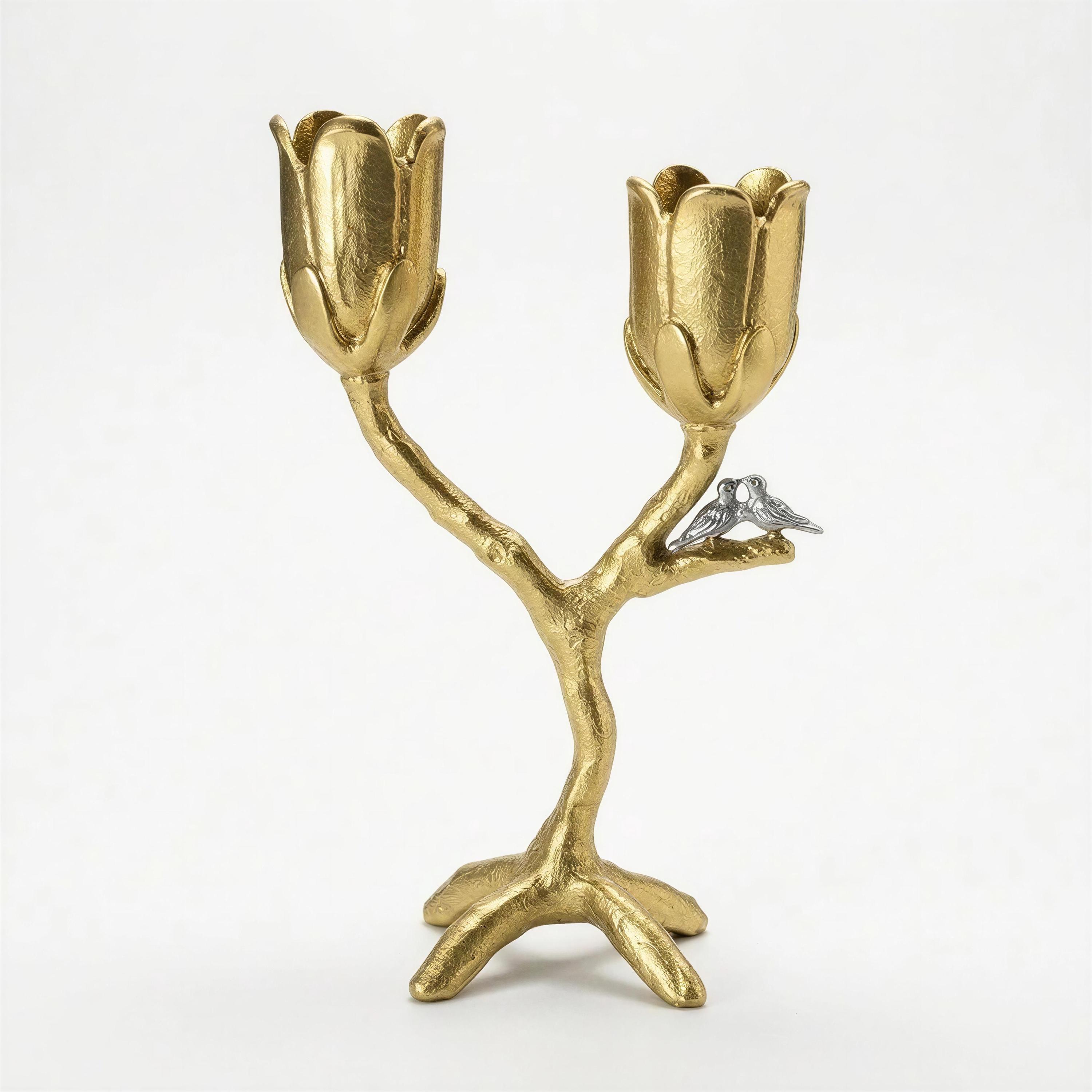 Handcrafted pewter tree of light candle holder, flowers love birds candelabra,